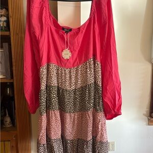 ODDY Hot Pink and Brown Tiered Long Sleeve Dress